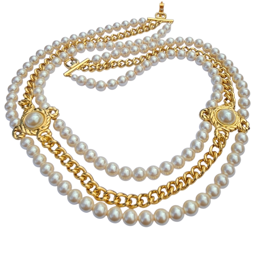 Vintage Givenchy Necklace Multistrand Faux Pearl Gold Chain Dressy Gala Necklace - Picture 1 of 16